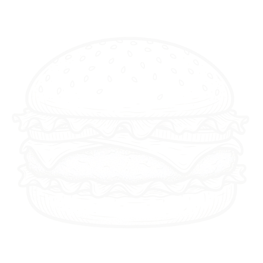 Ilustración blanca de una hamburguesa con pan de sésamo en estilo dibujo lineal, usada para señalar la sección de hamburguesas de Yogui Burger en Torrejón de Ardoz.