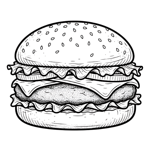 Ilustración negra de una hamburguesa con pan de sésamo en estilo dibujo lineal, usada para señalar la sección de hamburguesas de Yogui Burger en Torrejón de Ardoz.