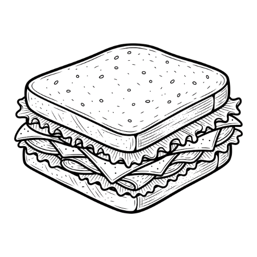 Ilustración negra de un sándwich en estilo dibujo lineal, usada para identificar la sección de sándwiches de Yogui Burger en Torrejón de Ardoz.