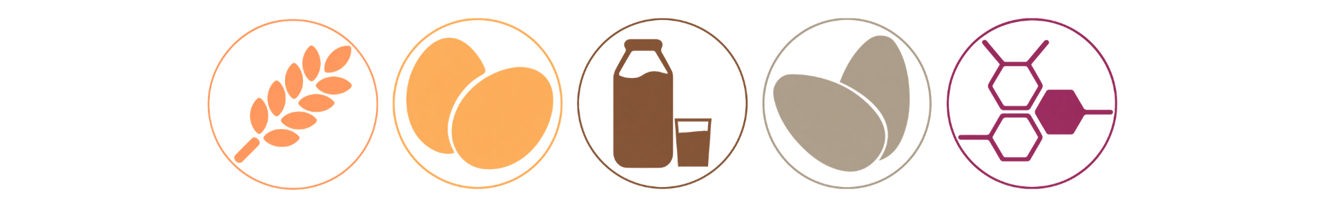 Iconos de alérgenos para la hamburguesa Beat Bacon: cereales, huevos, lácteos, sésamo y sulfitos, en formato circular sobre fondo transparente.