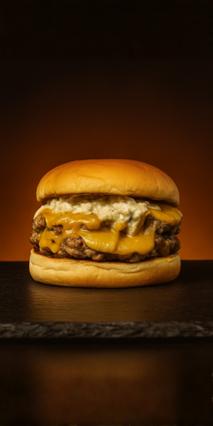 Hamburguesa doble con queso cheddar fundido y salsa cremosa en pan brioche, sobre fondo oscuro. Yogui Burguer | Big Yogui en Torrejón de Ardoz