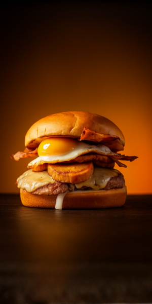 Hamburguesa con huevo, bacon y queso fundido en pan brioche, con rodajas crujientes; fondo oscuro y cálido.