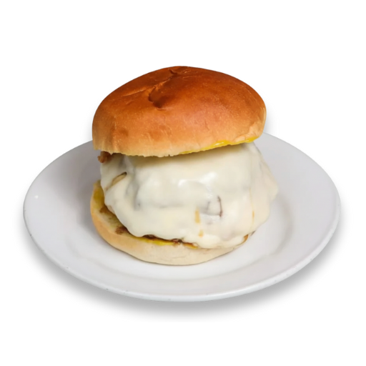 Hamburguesa Bubu con queso fundido servida en plato blanco; fotografía de producto de Yogui Burger en Torrejón de Ardoz.