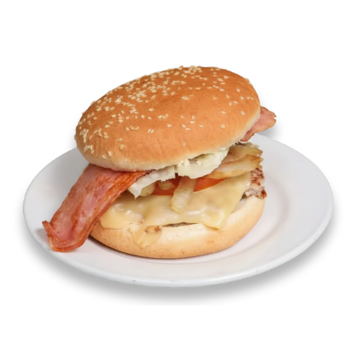 Hamburguesa con queso con pan de sésamo, carne, queso fundido, tomate, lechuga y cebolla, servida en plato blanco; foto de Yogui Burger en Torrejón de Ardoz.