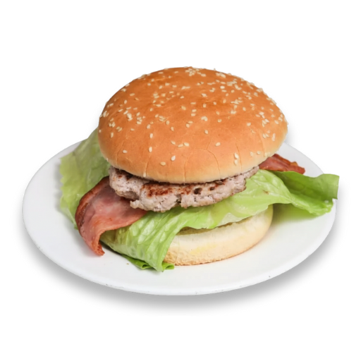 Hamburguesa doble queso bacon con doble carne, queso y bacon, más tomate, lechuga y cebolla; producto de Yogui Burger en Torrejón de Ardoz.