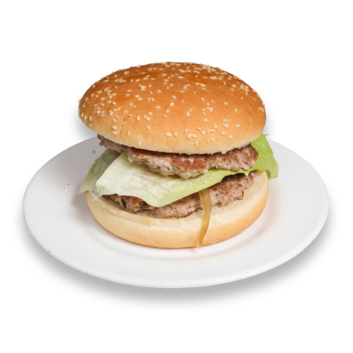 Hamburguesa doble con doble carne, tomate, lechuga y cebolla en pan de sésamo, servida en plato blanco; Yogui Burger en Torrejón de Ardoz.