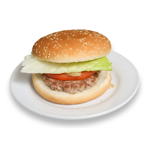 Hamburguesa normal con pan de sésamo, carne, tomate y lechuga, servida en plato blanco; foto de producto de Yogui Burger en Torrejón de Ardoz.