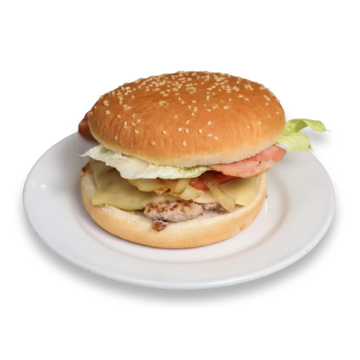 Hamburguesa queso y bacon con carne, queso fundido, bacon, tomate, lechuga y cebolla en pan de sésamo, servida en plato blanco; Yogui Burger, Torrejón de Ardoz.