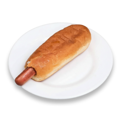 Perrito sencillo con salchicha en pan de hot dog, servido en plato blanco; Yogui Burger en Torrejón de Ardoz.