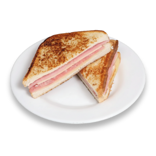 Sándwich mixto de jamón y queso, cortado en triángulos y servido en plato blanco; foto de producto de Yogui Burger en Torrejón de Ardoz.