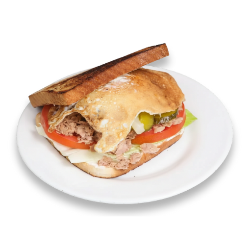 Sándwich vegetal con atún, lechuga, tomate y huevo en pan tostado, servido en plato blanco; Yogui Burger, Torrejón de Ardoz.
