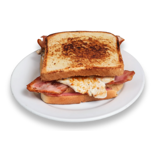 Sándwich Yogui loco tostado con mixto (jamón y queso), huevo a la plancha, bacon y pollo, servido en plato blanco; Yogui Burger, Torrejón de Ardoz.