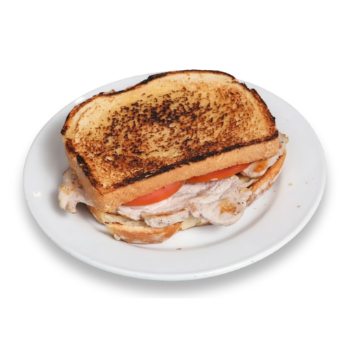 Sándwich Yogui lomo con lomo y tomate en pan tostado, servido en plato blanco; foto de producto de Yogui Burger en Torrejón de Ardoz.