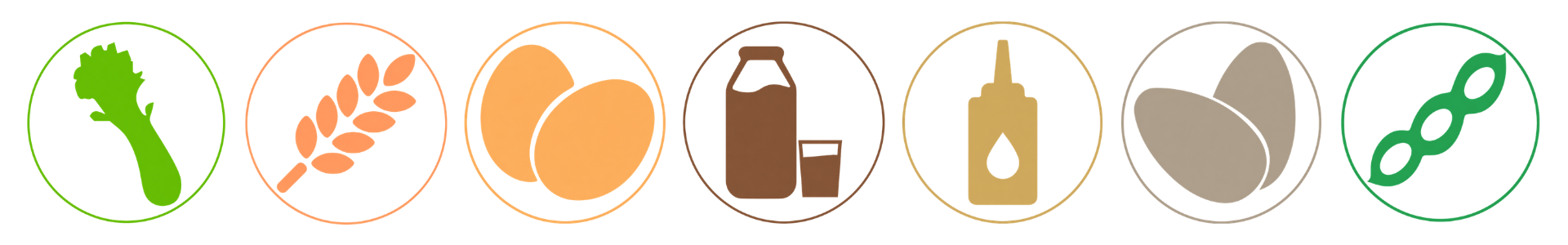 Iconos de alérgenos para la hamburguesa de pollo: apio, cereales, huevos, lácteos, mostaza, sésamo y soja, en formato circular sobre fondo negro.
