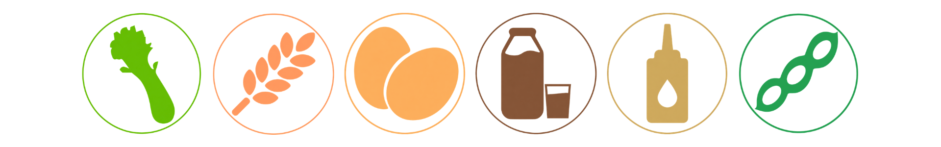 Iconos de alérgenos para los nuggets: apio, cereales, huevos, lácteos, mostaza y soja, en formato circular sobre fondo transparente.