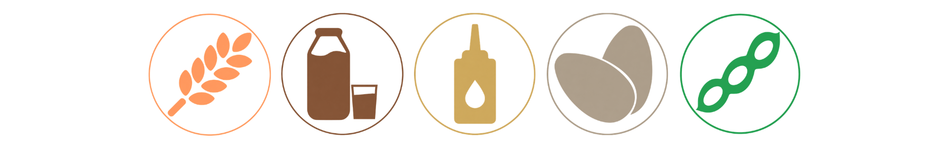 Iconos de alérgenos para el sándwich mixto: cereales, lácteos, mostaza, sésamo y soja, en formato circular sobre fondo transparente.