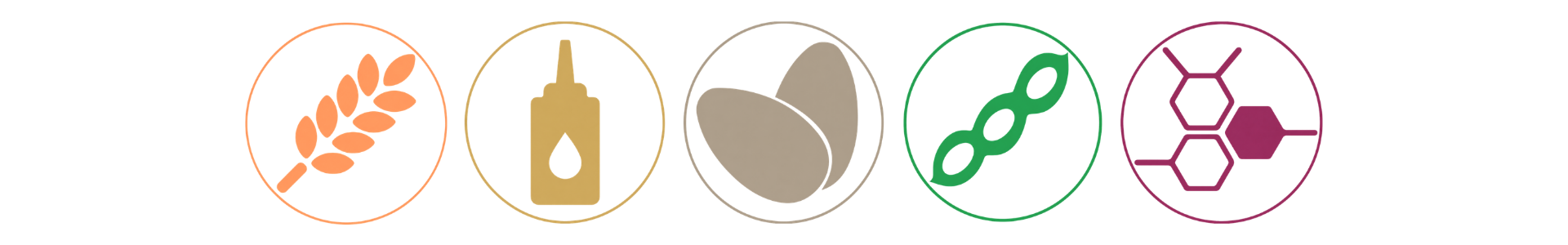 Iconos de alérgenos para el sándwich Yogui Lomo: cereales, mostaza, sésamo, soja y sulfitos, en formato circular sobre fondo transparente.