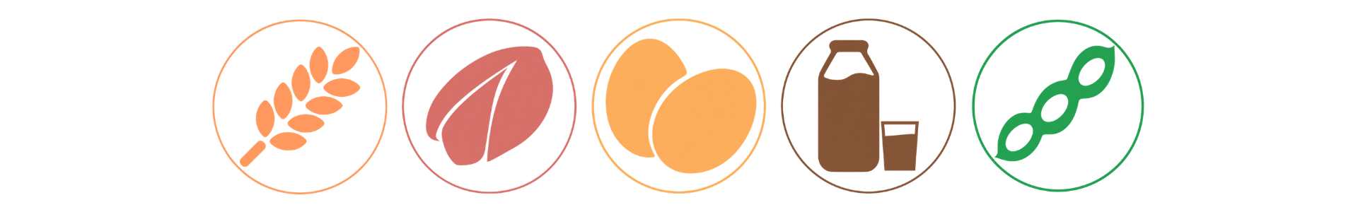 Iconos de alérgenos para los tequeños: cereales, frutos secos, huevos, lácteos y soja, en formato circular sobre fondo transparente.