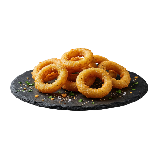 Aros de cebolla empanados servidos sobre una base de pizarra con sal, especias y hierbas; ración para compartir de Yogui Burger en Torrejón de Ardoz.