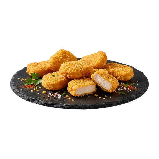 Nuggets de pollo empanados servidos sobre una base de pizarra, con especias y una hoja de perejil; Yogui Burger en Torrejón de Ardoz.