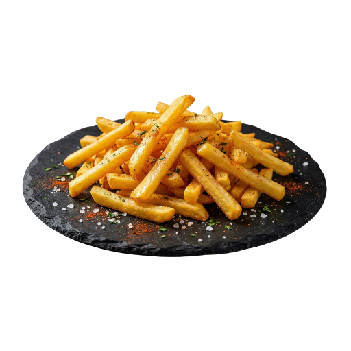 Patatas fritas servidas sobre una base de pizarra con sal y especias; ración para compartir de Yogui Burger en Torrejón de Ardoz.