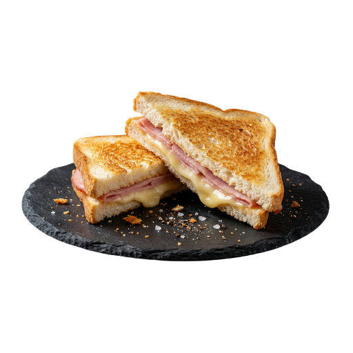 Sándwich mixto de jamón y queso, cortado en triángulos y servido sobre una base de pizarra; foto de producto de Yogui Burger en Torrejón de Ardoz.