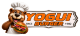 Logotipo con oso con gorro de chef sosteniendo una hamburguesa junto al texto “El Yogui Burger”.